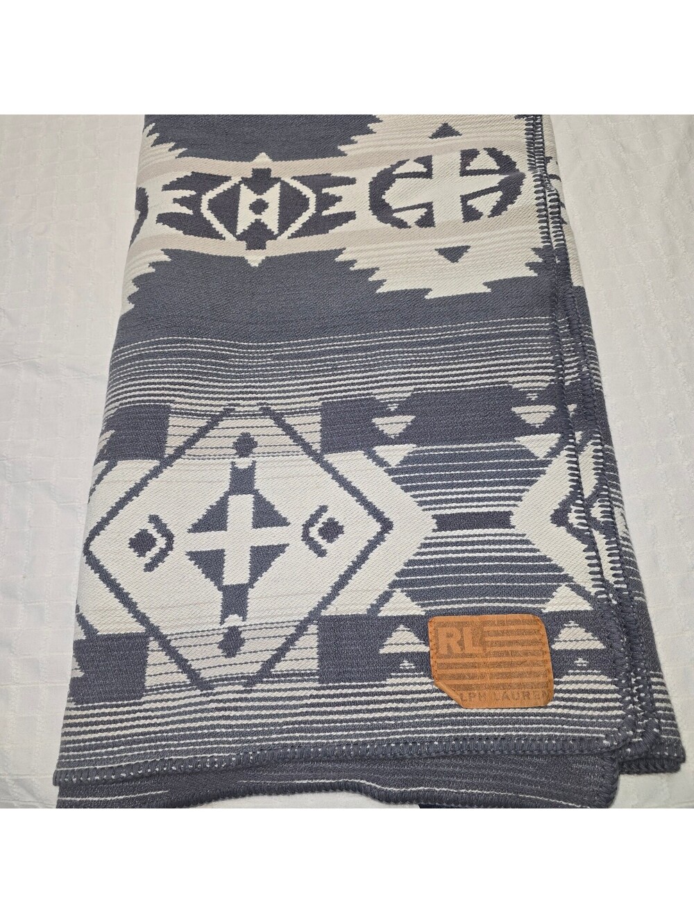 Vintage Ralph Lauren Southwest Twin Blanket Throw Aztec Blueish Grey Made in USA